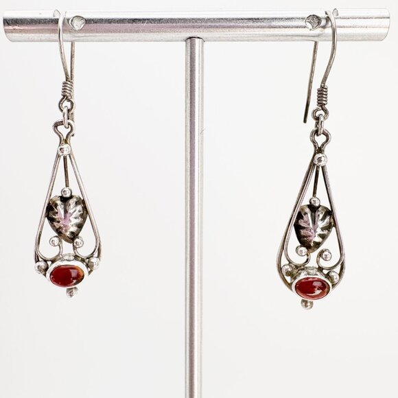 VTG Sterling Silver 925 Carnelian Leaf Design Dangle Earrings Size 1.75" Length - Picture 1 of 8